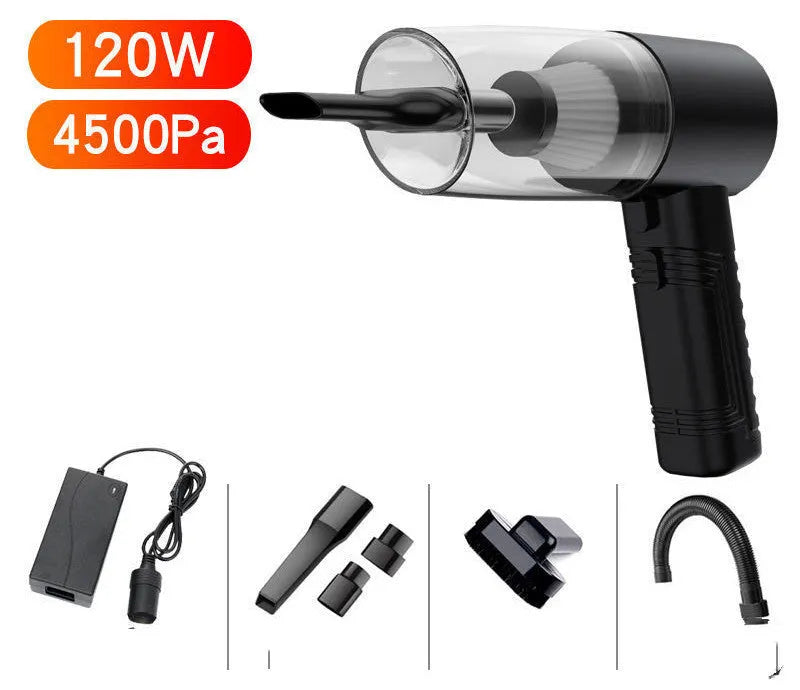 Starry Sky Black and Pearl White dual-purpose car vacuum cleaner with attachments and long power cable.