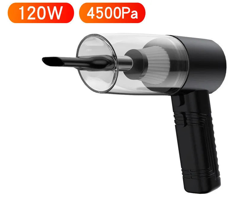 Starry Sky Black and Pearl White dual-purpose car vacuum cleaner with attachments and long power cable.