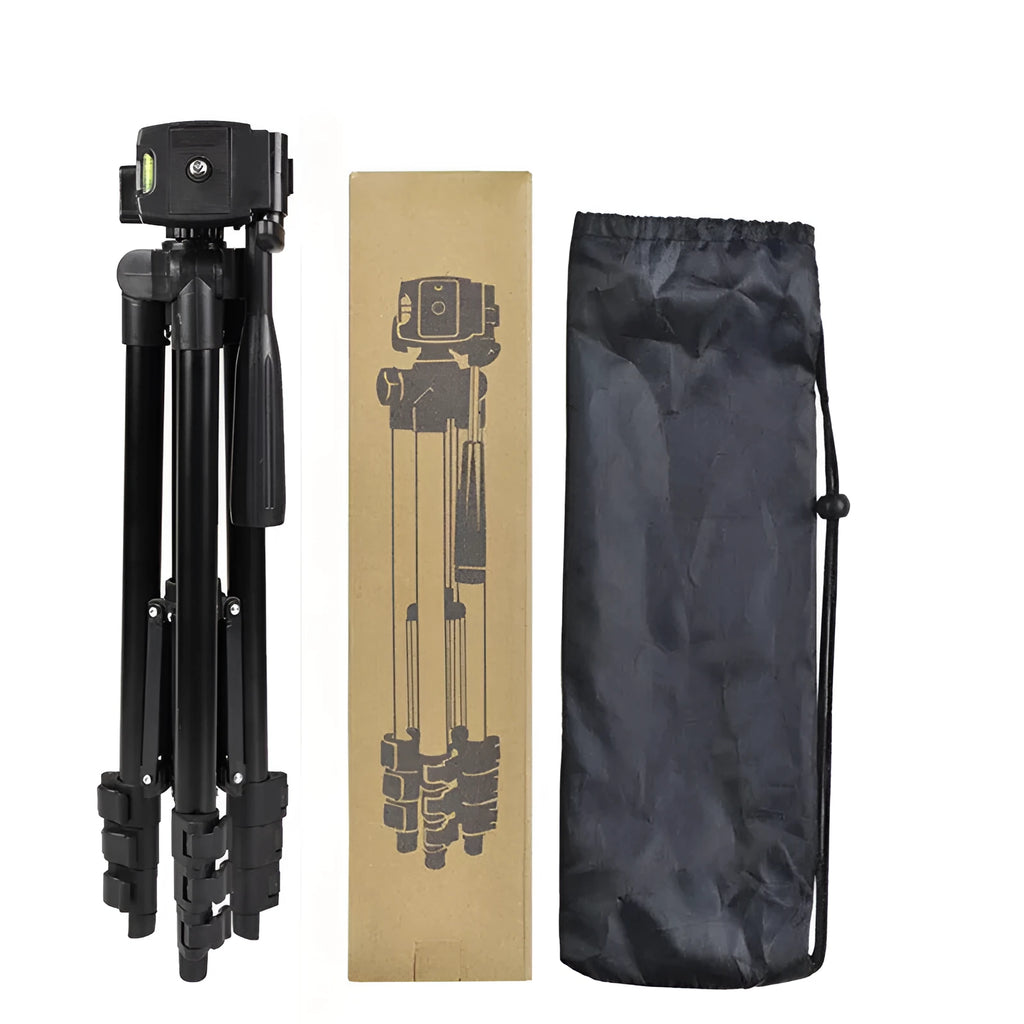 Black aluminium alloy portable camera tripod with 3D head and quick release plate extended to full height.