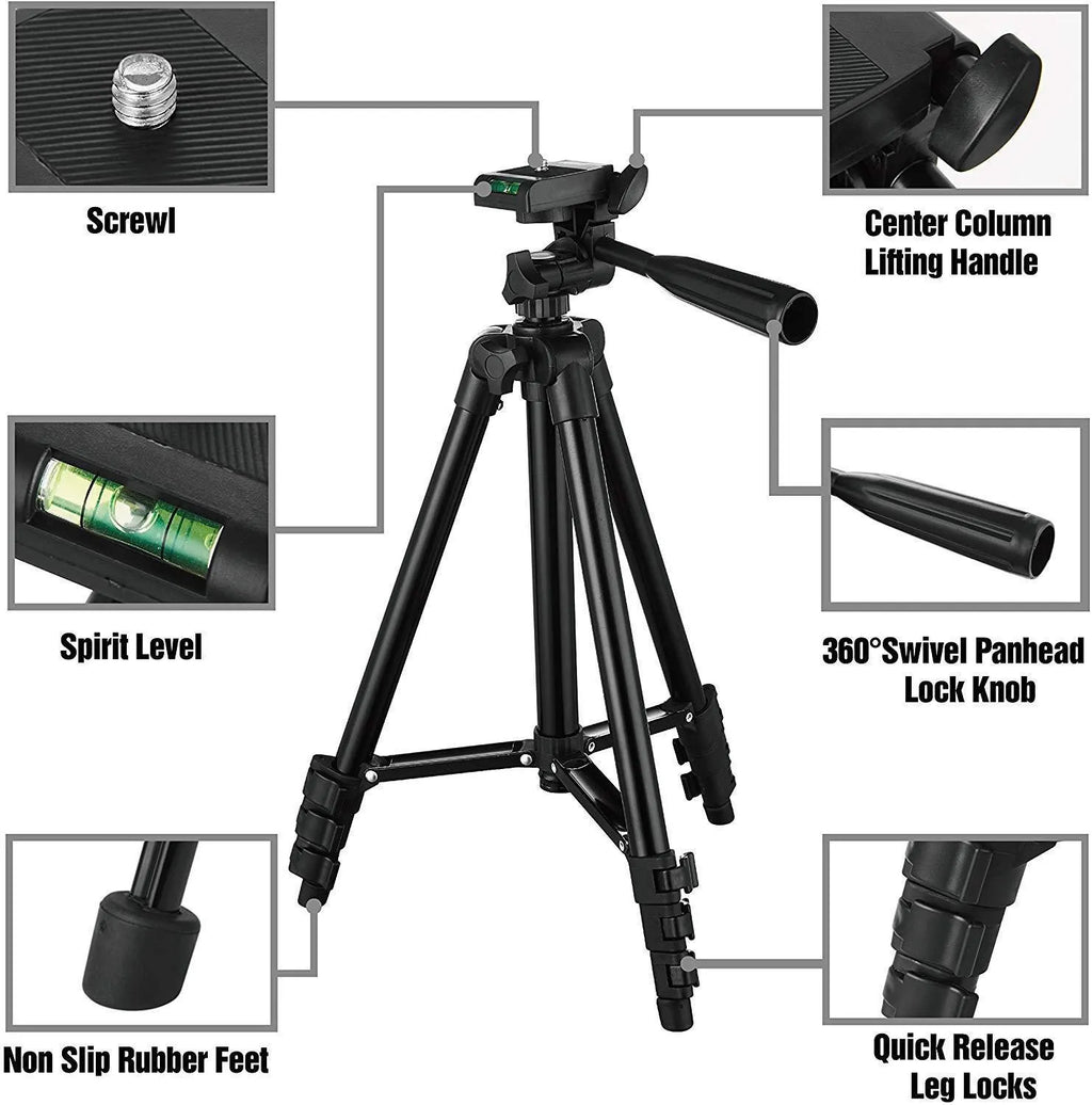 Black aluminium alloy portable camera tripod with 3D head and quick release plate extended to full height.