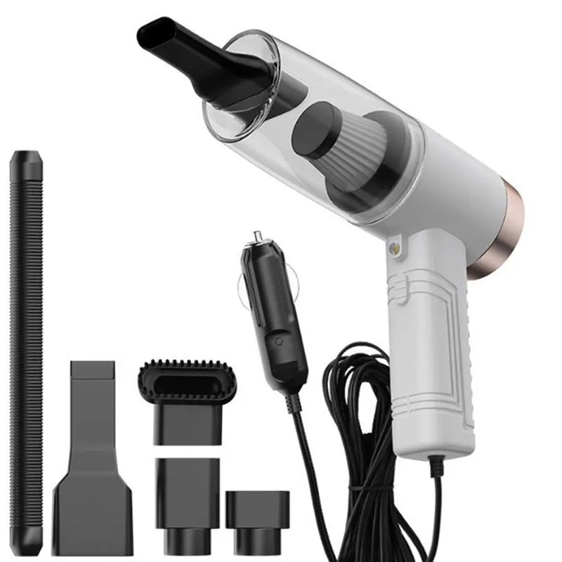 Starry Sky Black and Pearl White dual-purpose car vacuum cleaner with attachments and long power cable.
