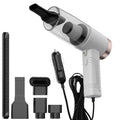 Starry Sky Black and Pearl White dual-purpose car vacuum cleaner with attachments and long power cable.