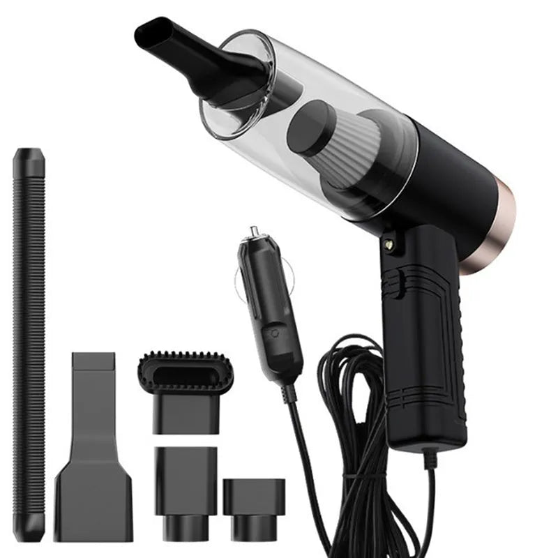 Starry Sky Black and Pearl White dual-purpose car vacuum cleaner with attachments and long power cable.