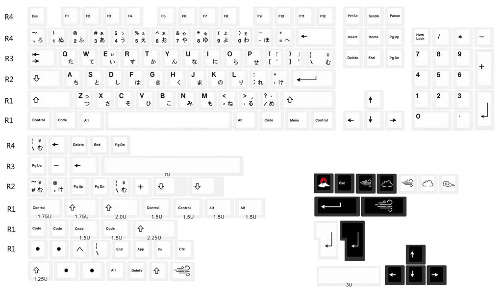 Black and white Japanese minimalist PBT thermal sublimation keycap set with 104 keys for mechanical keyboards