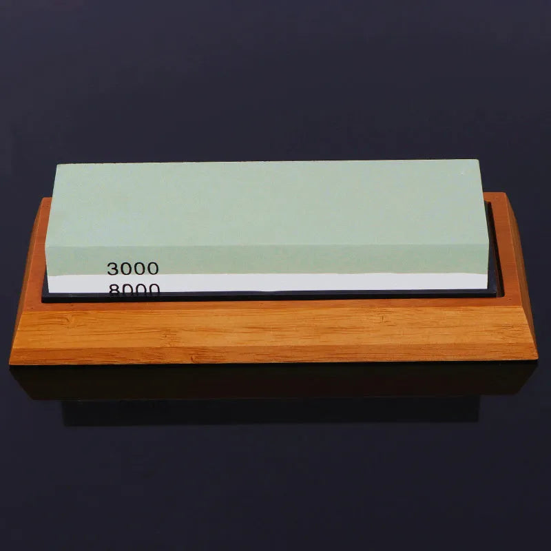 Double-sided 3000/8000 grit white corundum whetstone sharpening kit with bamboo base and accessories