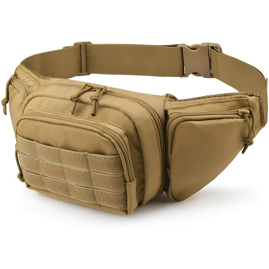 Men's tactical multifunctional storage waist bag in black on a model, with adjustable L strap and moderate capacity