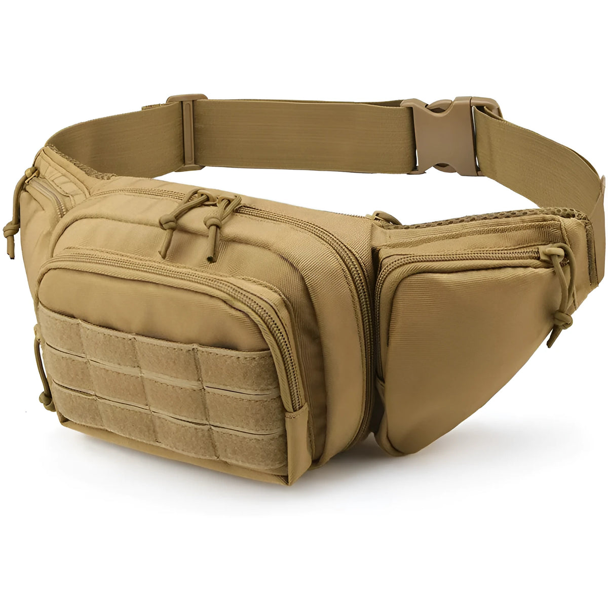 Men's tactical multifunctional storage waist bag in black on a model, with adjustable L strap and moderate capacity