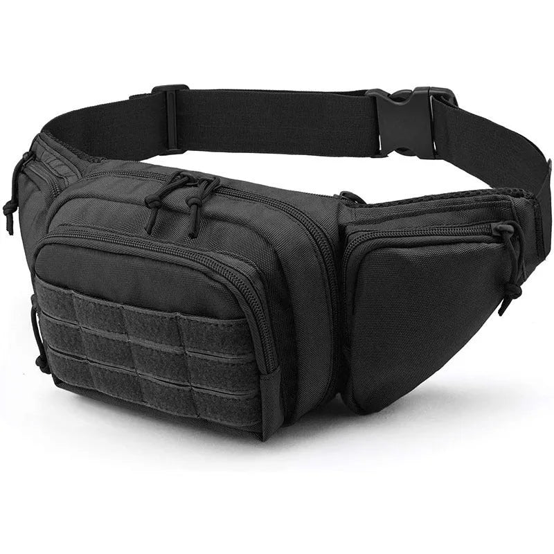 Men's tactical multifunctional storage waist bag in black on a model, with adjustable L strap and moderate capacity
