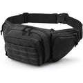 Men's tactical multifunctional storage waist bag in black on a model, with adjustable L strap and moderate capacity