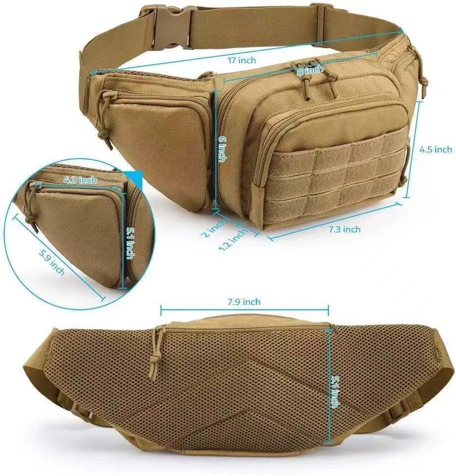 Men's tactical multifunctional storage waist bag in black on a model, with adjustable L strap and moderate capacity