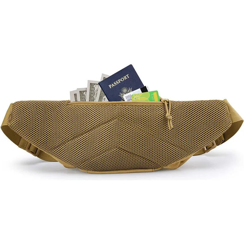 Men's tactical multifunctional storage waist bag in black on a model, with adjustable L strap and moderate capacity