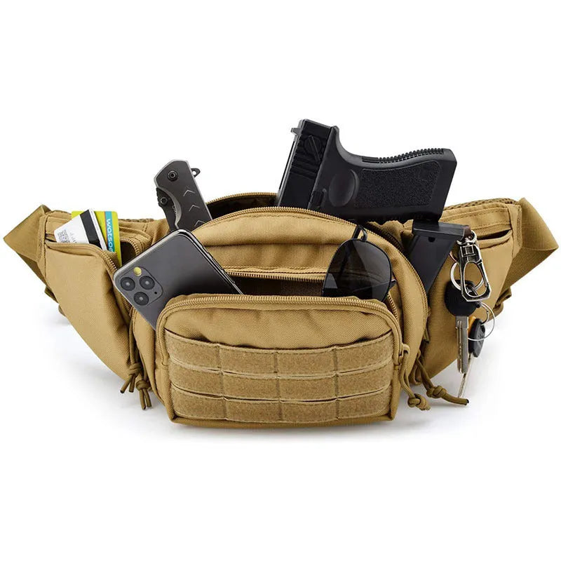 Men's tactical multifunctional storage waist bag in black on a model, with adjustable L strap and moderate capacity