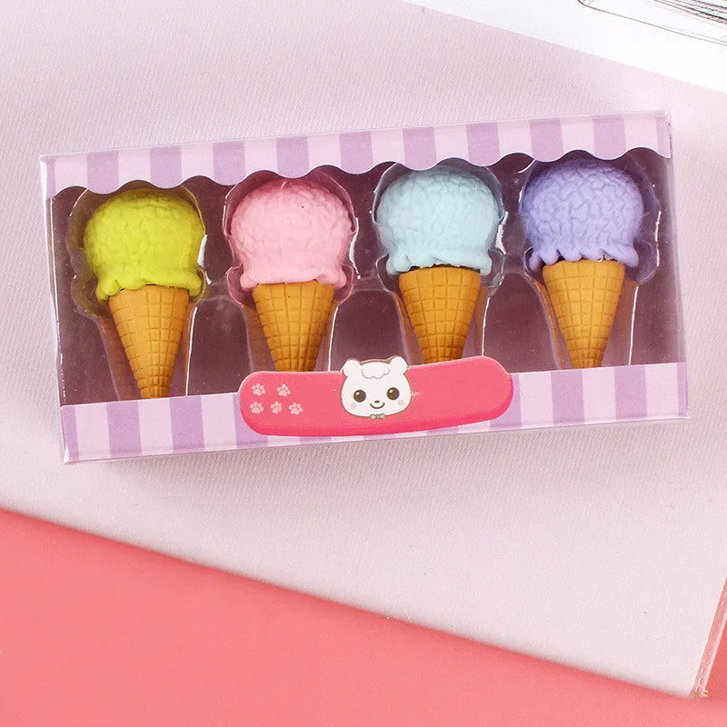 Set of 12 cartoon food erasers including ice creams, donuts, and lollipops for children.