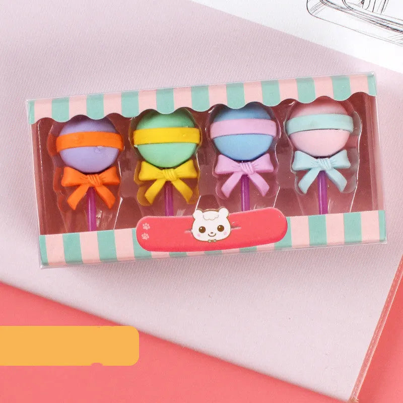 Set of 12 cartoon food erasers including ice creams, donuts, and lollipops for children.