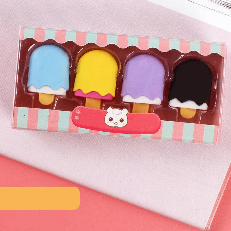 Set of 12 cartoon food erasers including ice creams, donuts, and lollipops for children.