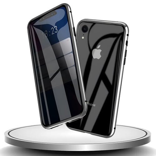 Glass anti-spy clamshell phone case for iPhone in six colour options: black, silver, red, gold, green, blue.