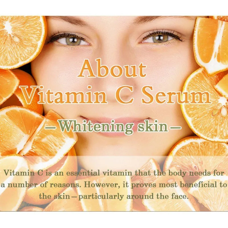 Bottle of Vitamin C and hyaluronic acid facial serum, 10ml net content, for anti-aging and whitening.