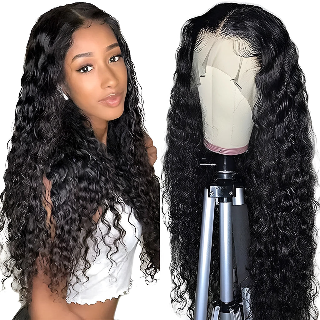 Human hair wig with small curly hair and long hair sets on a mannequin showing T-type front lace
