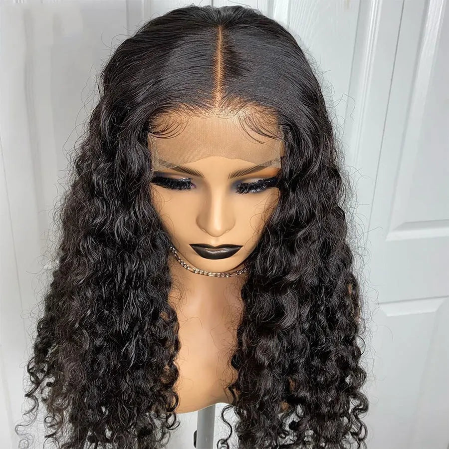 Human hair wig with small curly hair and long hair sets on a mannequin showing T-type front lace