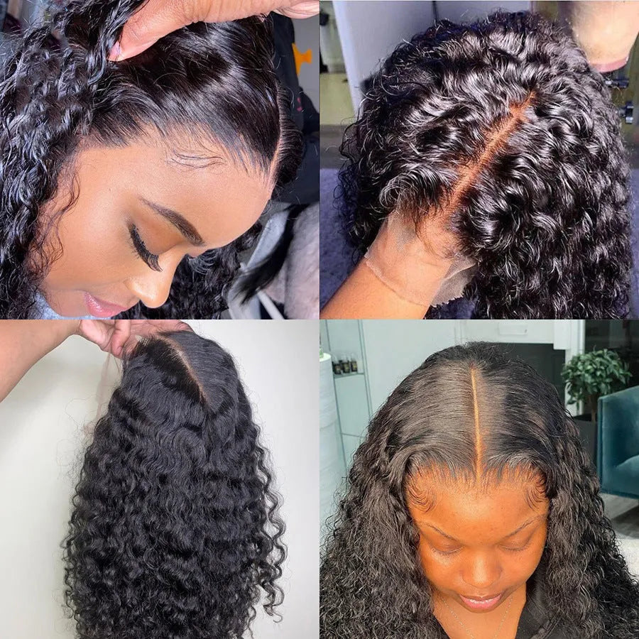 Human hair wig with small curly hair and long hair sets on a mannequin showing T-type front lace