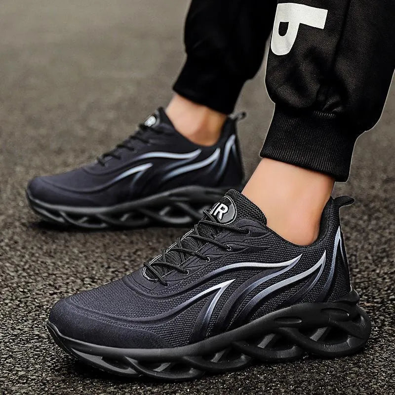 Mesh upper running shoes for men and women, red colour, round toe, lace-up, super high heel, rubber sole, outdoor casual footwear