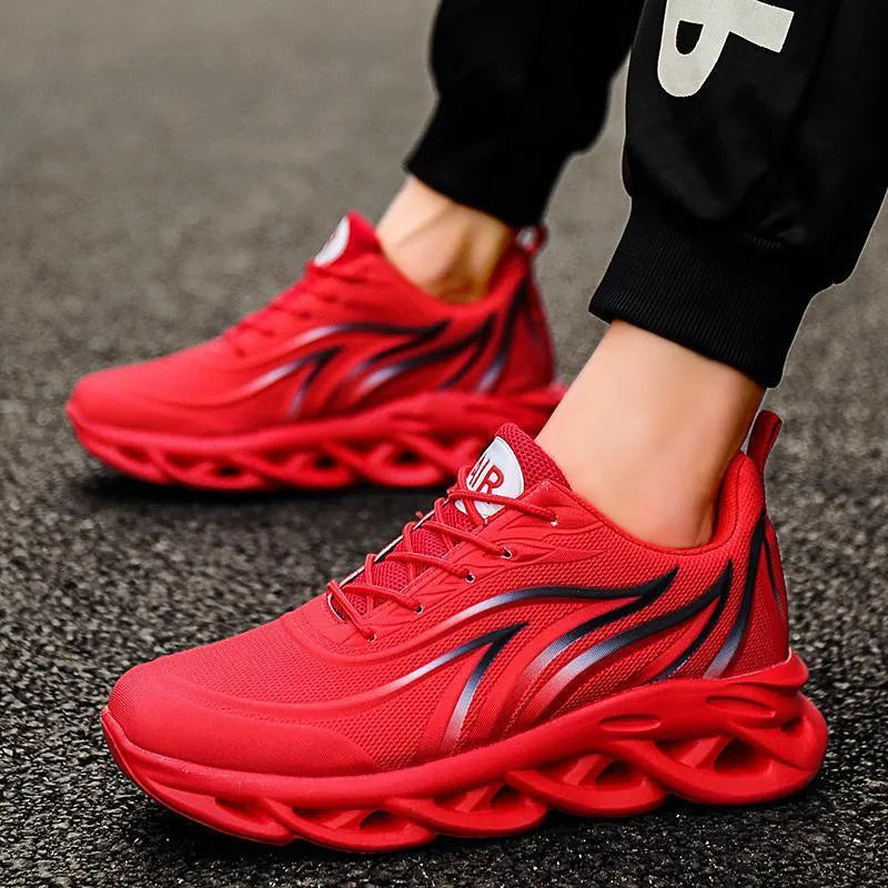 Mesh upper running shoes for men and women, red colour, round toe, lace-up, super high heel, rubber sole, outdoor casual footwear