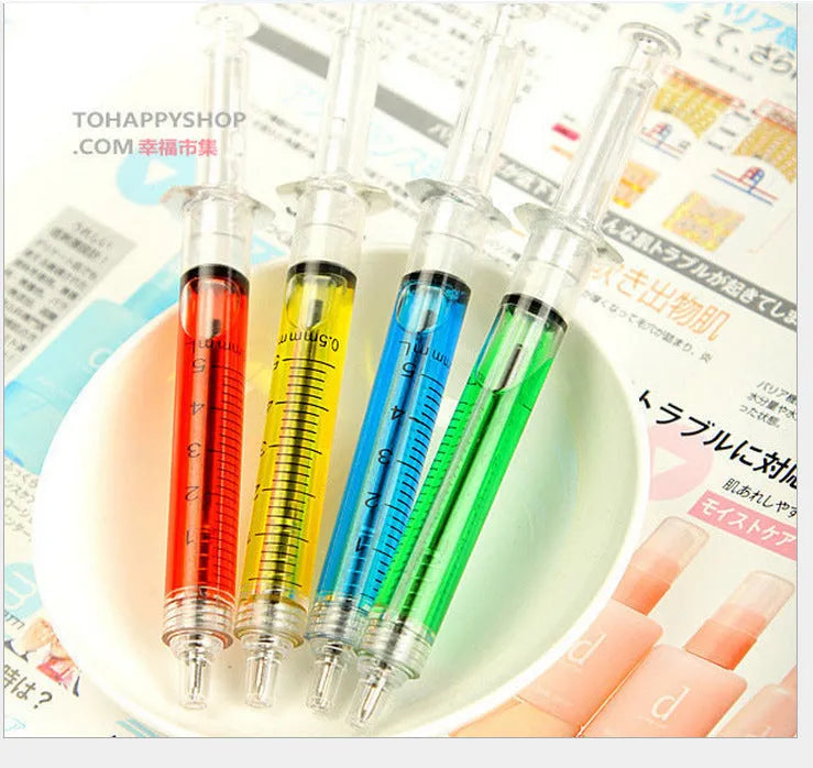 Blue plastic syringe-shaped ballpoint pen measuring 12.5cm with push-type mechanism