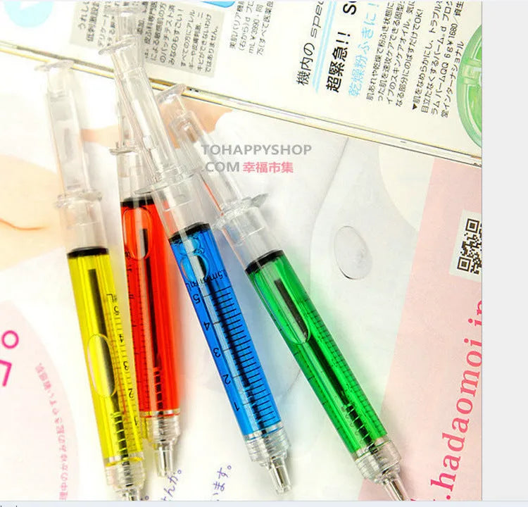 Blue plastic syringe-shaped ballpoint pen measuring 12.5cm with push-type mechanism
