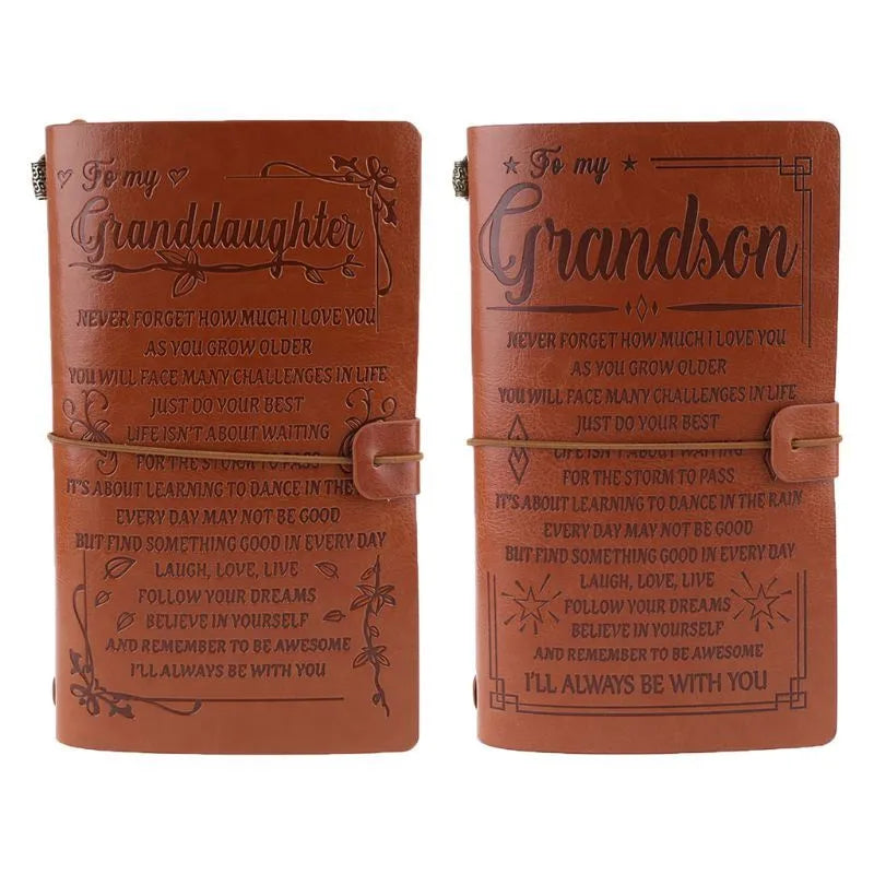 Leather hand ledger notebook with strap binding showing warm brown acid-free paper