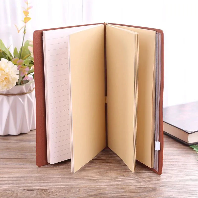 Leather hand ledger notebook with strap binding showing warm brown acid-free paper