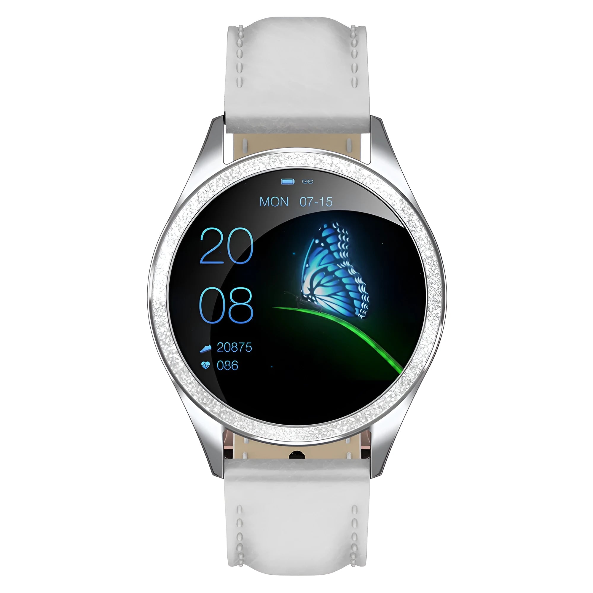 Women's smart bracelet watch with stainless steel wristband showing menstrual cycle reminder on 1.04-inch screen