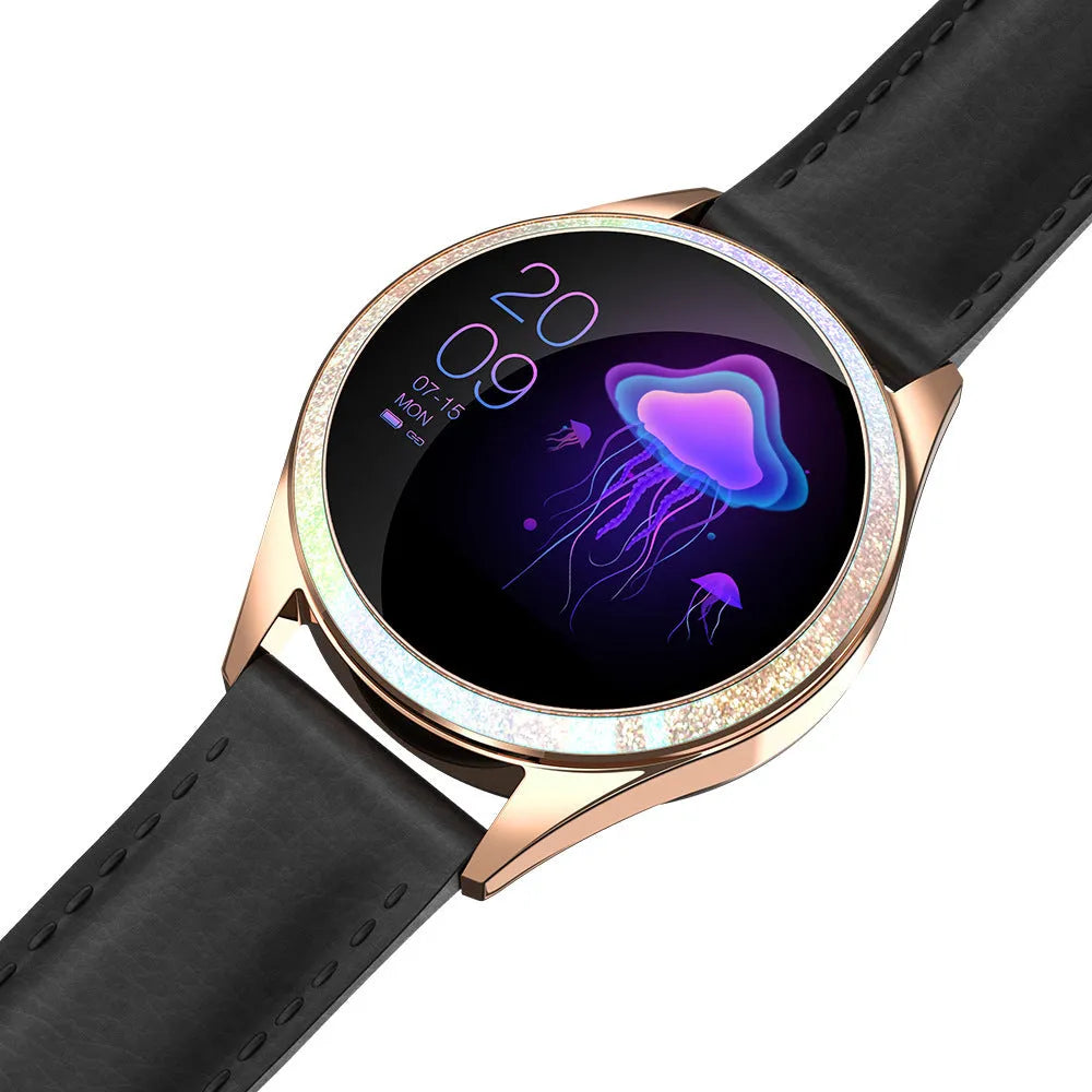 Women's smart bracelet watch with stainless steel wristband showing menstrual cycle reminder on 1.04-inch screen