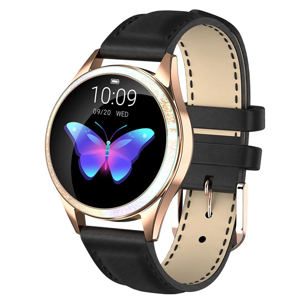 Women's smart bracelet watch with stainless steel wristband showing menstrual cycle reminder on 1.04-inch screen