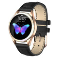 Women's smart bracelet watch with stainless steel wristband showing menstrual cycle reminder on 1.04-inch screen