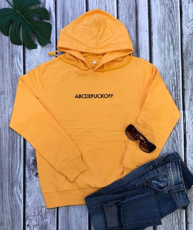 ABCDEFUCKOFF cotton pullover hoodie in black, front view, available in sizes S to 3XL