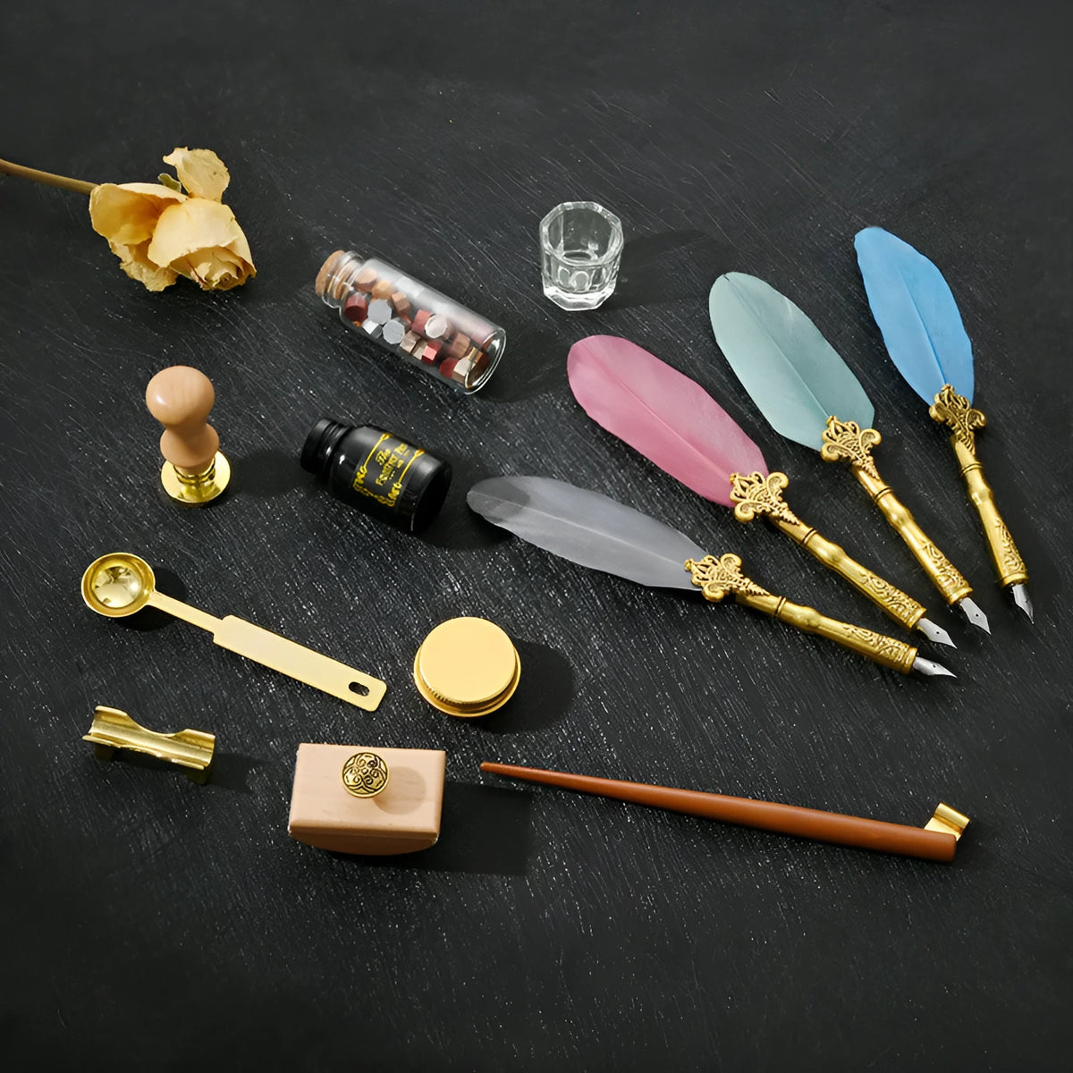 Creative dipped feather pen set in gift box with wooden pen, stainless steel nibs, ink bottle, and wax seal tools