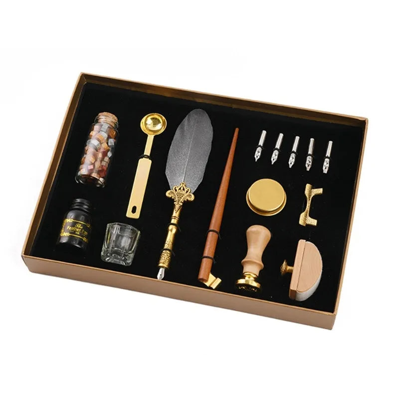 Creative dipped feather pen set in gift box with wooden pen, stainless steel nibs, ink bottle, and wax seal tools