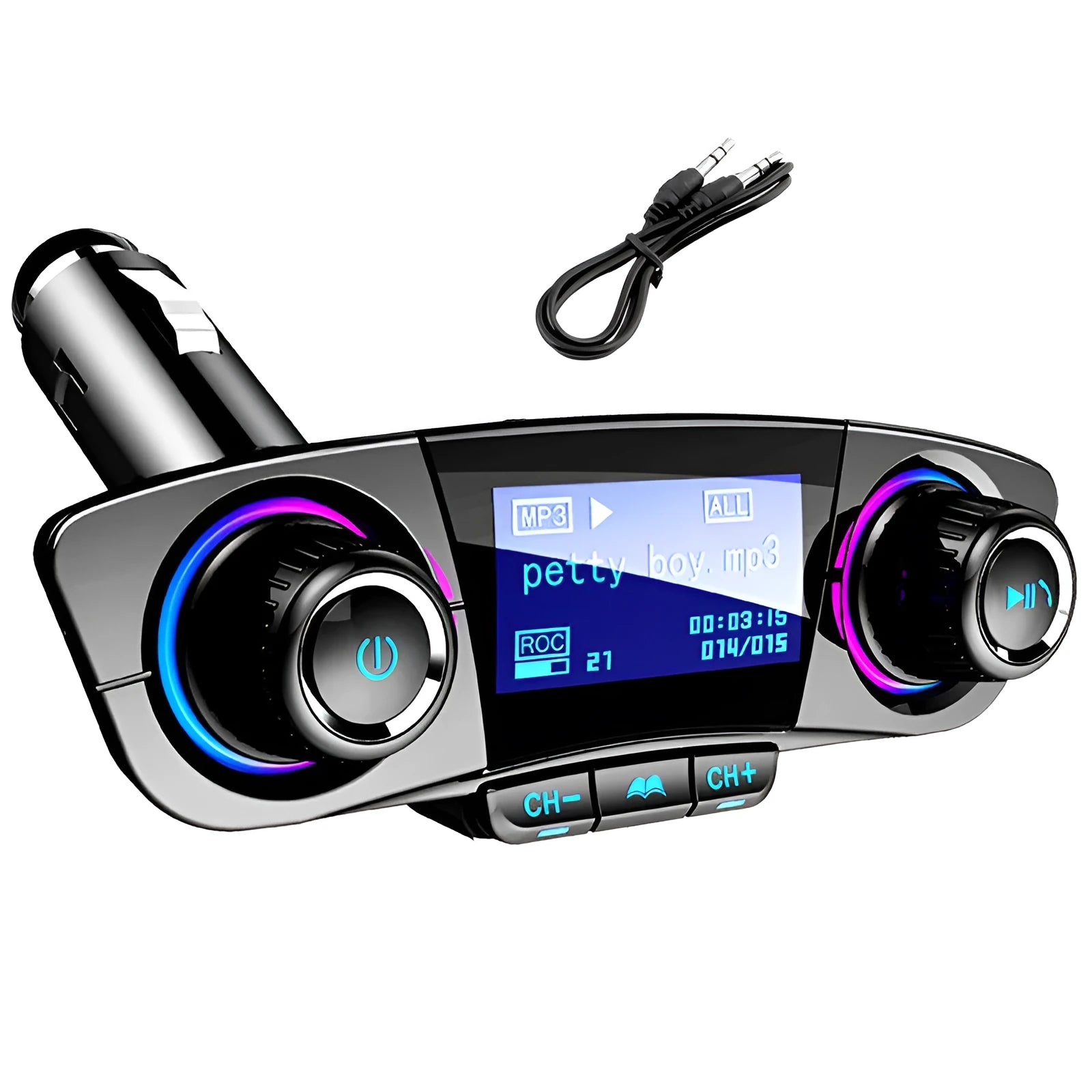 BT06 black Bluetooth car MP3 player FM transmitter with monochrome screen and cigarette lighter plug