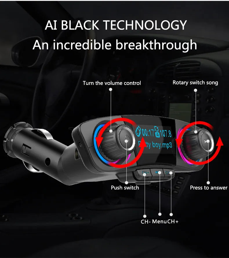 BT06 black Bluetooth car MP3 player FM transmitter with monochrome screen and cigarette lighter plug