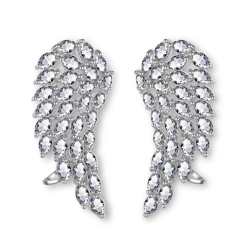 AAA cubic zirconia angel wing stud earrings in white gold colour with geometric design