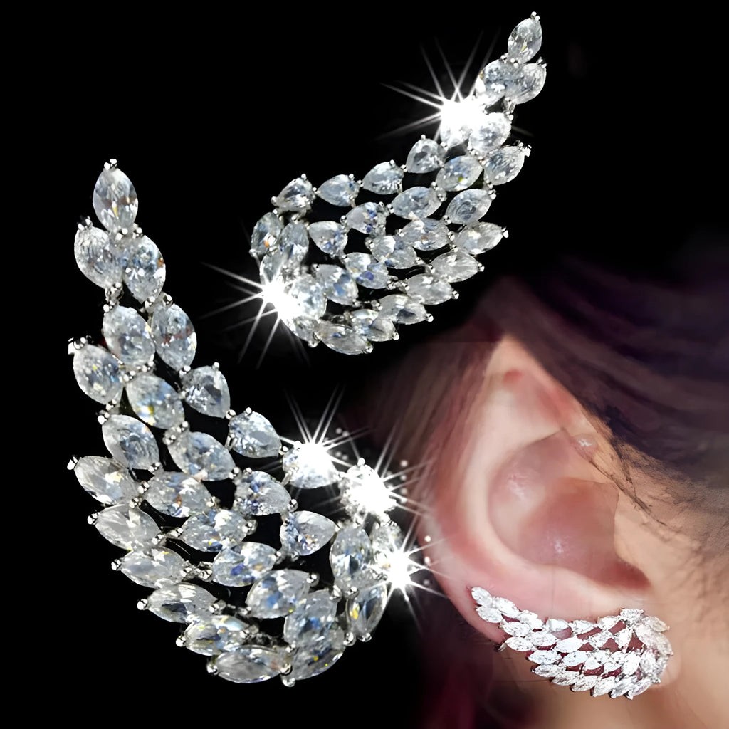 AAA cubic zirconia angel wing stud earrings in white gold colour with geometric design