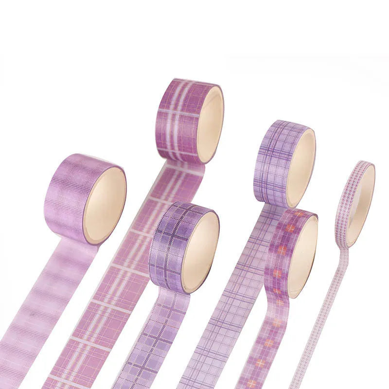 Six rolls of decorative washi tape in various widths featuring colourful retro plaid patterns on Japanese paper.