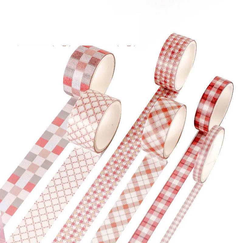 Six rolls of decorative washi tape in various widths featuring colourful retro plaid patterns on Japanese paper.
