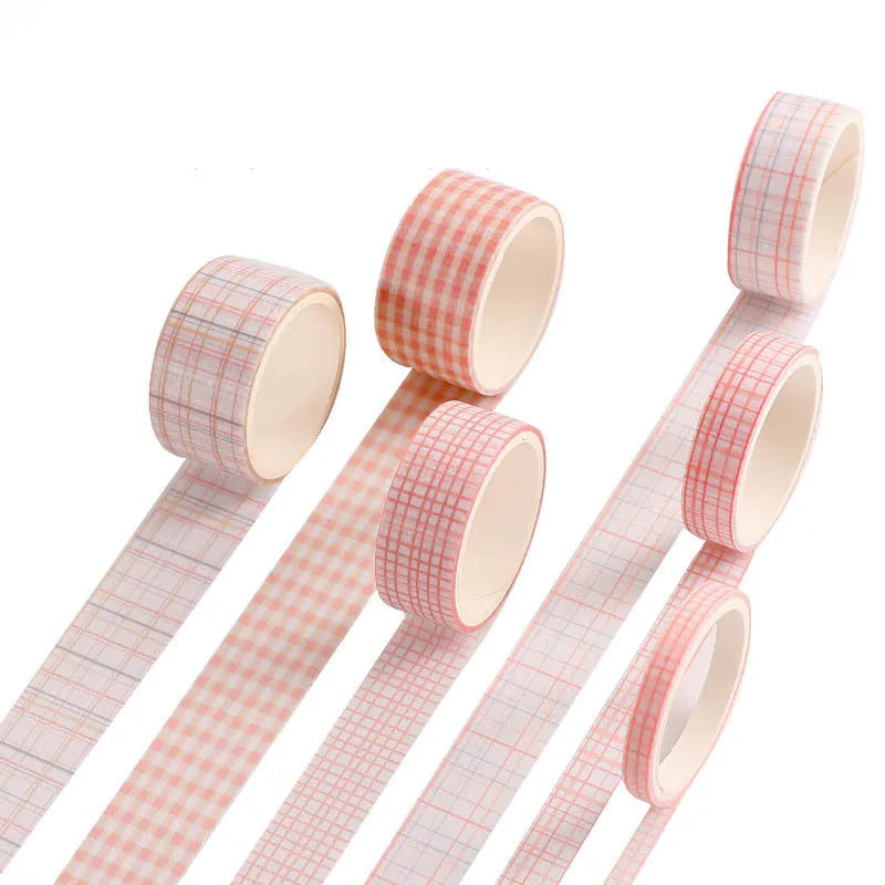 Six rolls of decorative washi tape in various widths featuring colourful retro plaid patterns on Japanese paper.