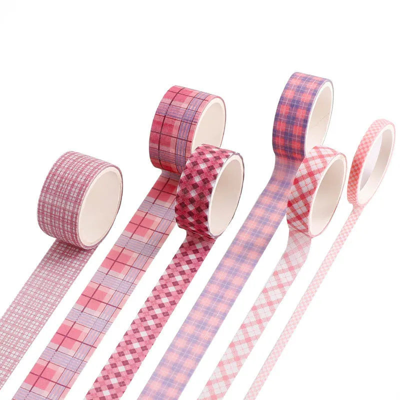 Six rolls of decorative washi tape in various widths featuring colourful retro plaid patterns on Japanese paper.