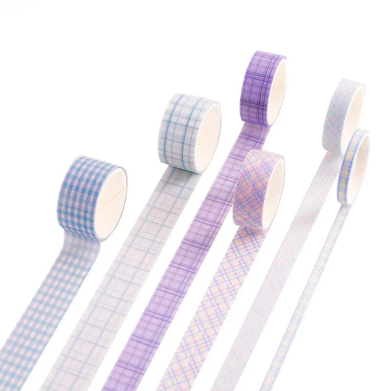 Six rolls of decorative washi tape in various widths featuring colourful retro plaid patterns on Japanese paper.