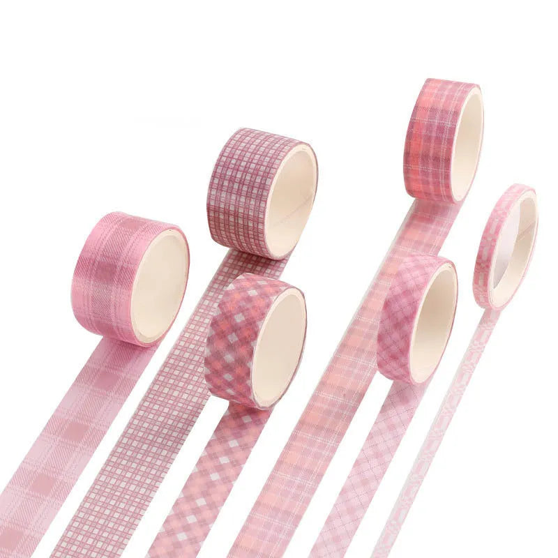 Six rolls of decorative washi tape in various widths featuring colourful retro plaid patterns on Japanese paper.