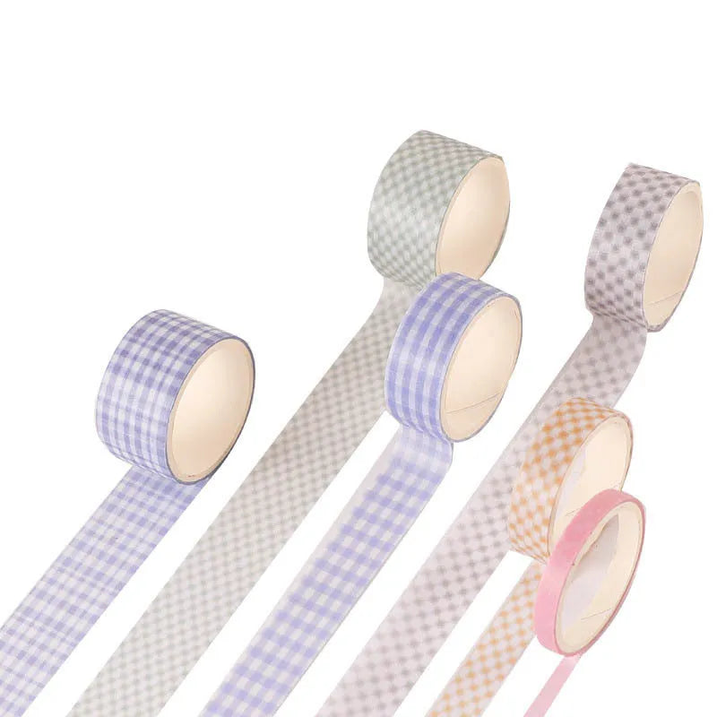 Six rolls of decorative washi tape in various widths featuring colourful retro plaid patterns on Japanese paper.