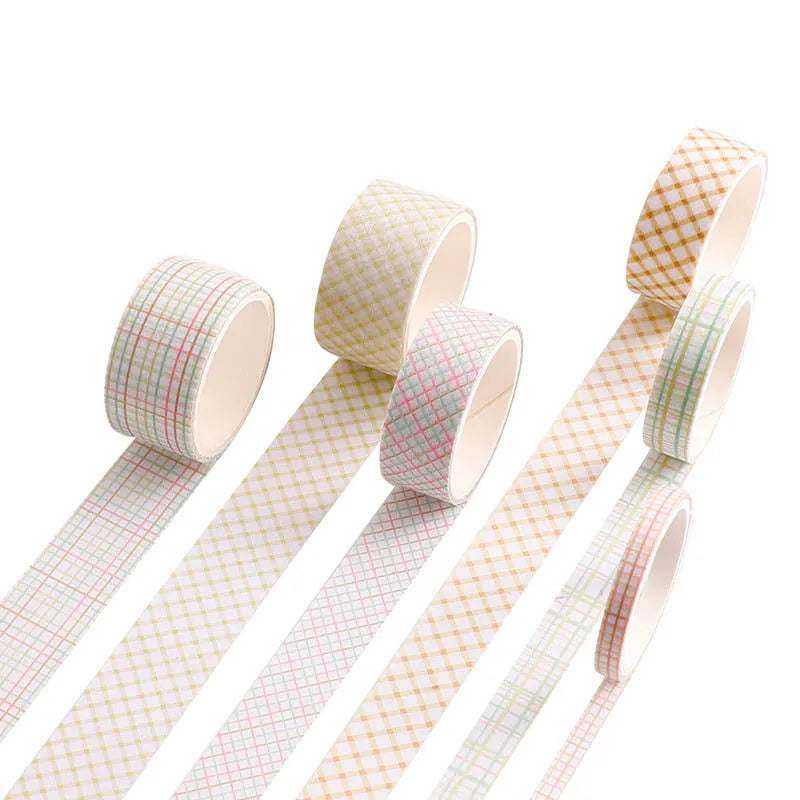 Six rolls of decorative washi tape in various widths featuring colourful retro plaid patterns on Japanese paper.