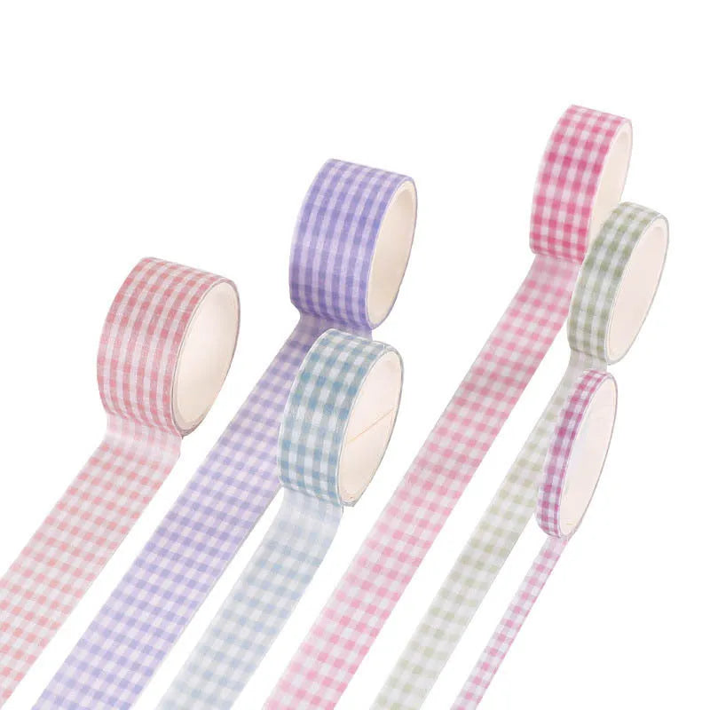 Six rolls of decorative washi tape in various widths featuring colourful retro plaid patterns on Japanese paper.